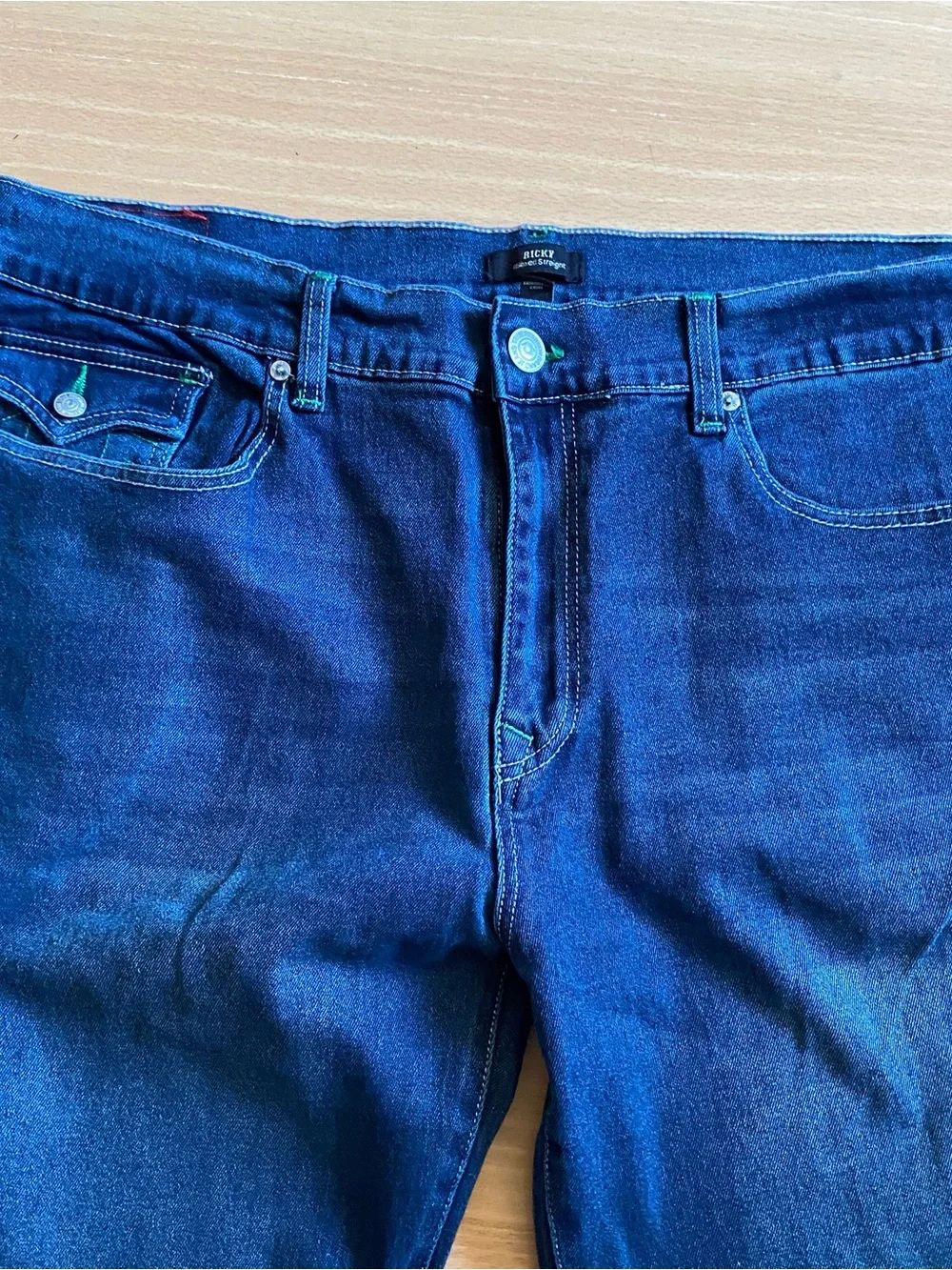 True Religion Ricky Relaxed Straight Leg Dark Wash Jeans Mens 42 Green Outline